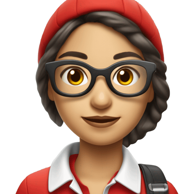 Chica morena, con gafas de aviador, con un polo rojo y un indicador con el logo de Vodafone  emoji