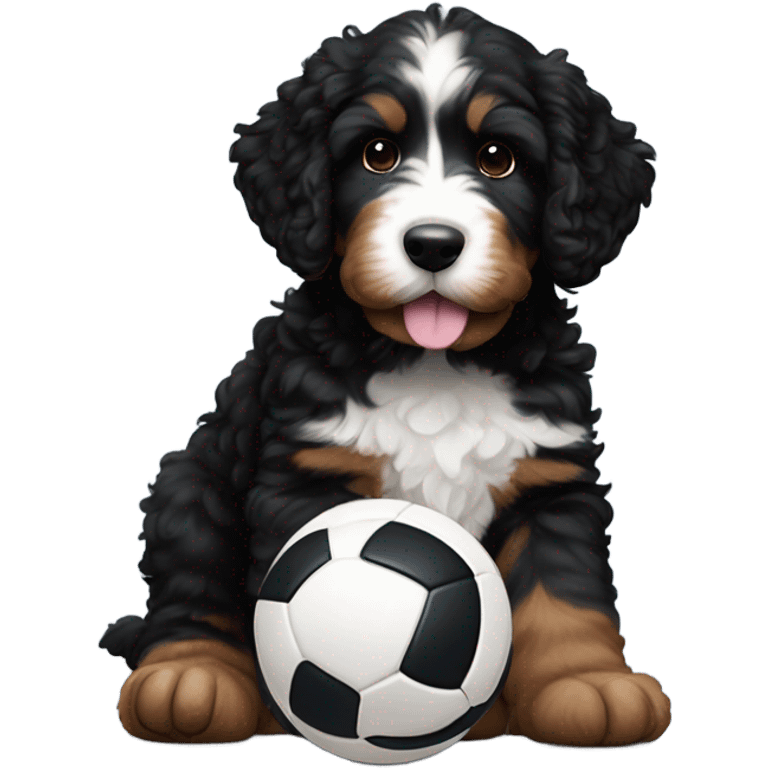 Black bernedoodle puppy with brown legs with volleyball under front paw  emoji