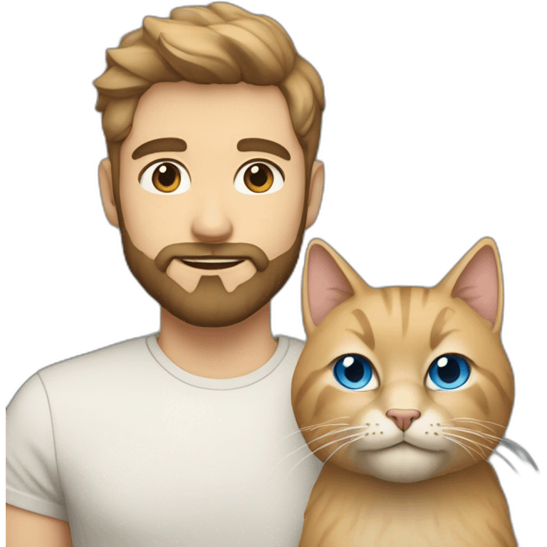 white man with beard dark hair blue eyes with a big fluffy beige cat emoji