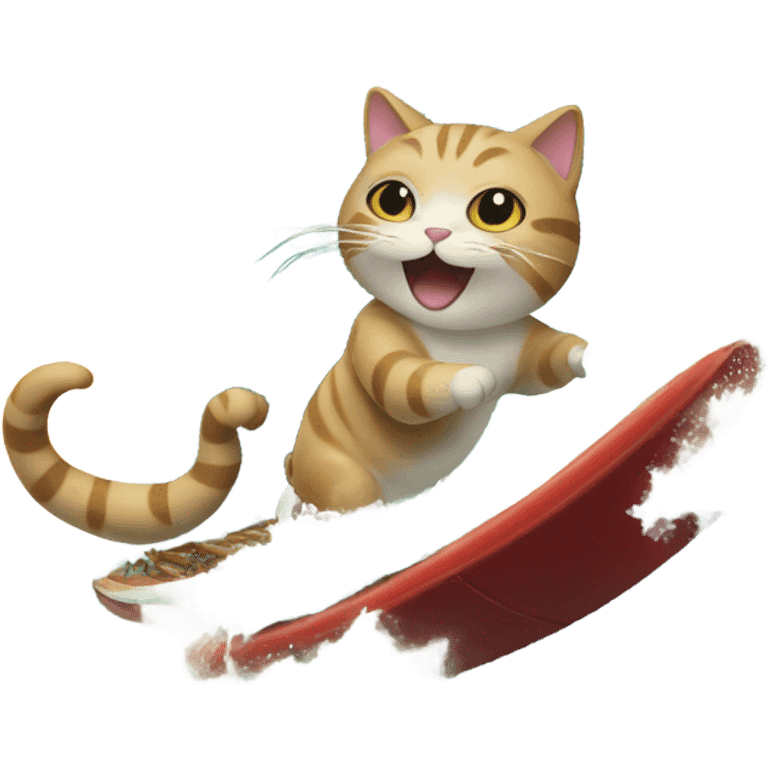 Cat riding a wave eating Chinese emoji