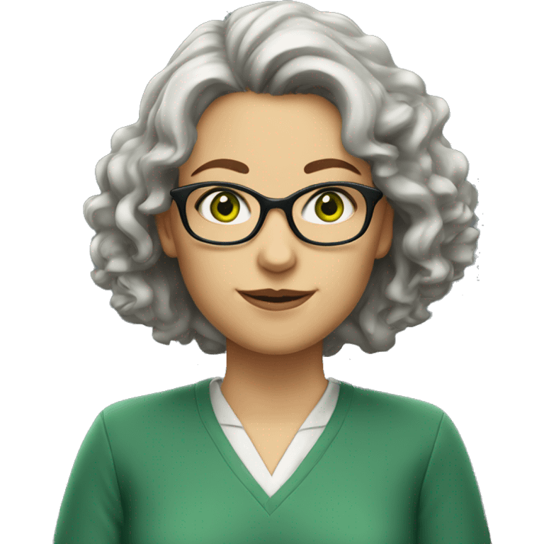 a female teacher with green eyes and grey,short and curly h emoji