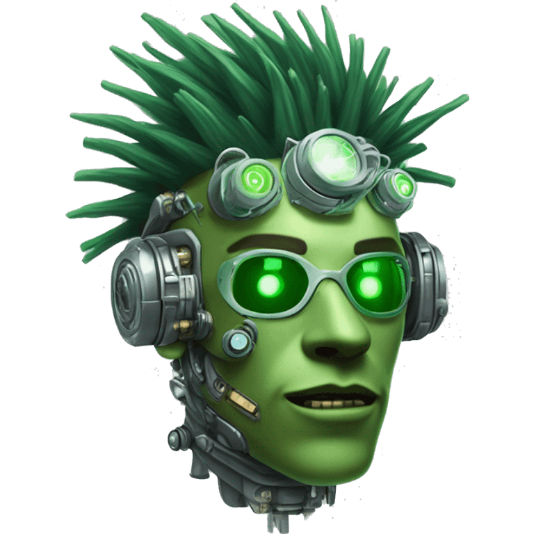 Green male cyborg head with green Mohawk, grey steampunk goggles and circuitry emoji