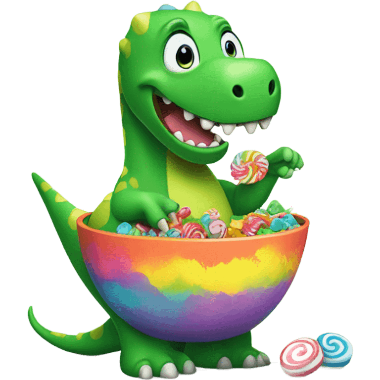 green dinasour eating candy from a bowl emoji