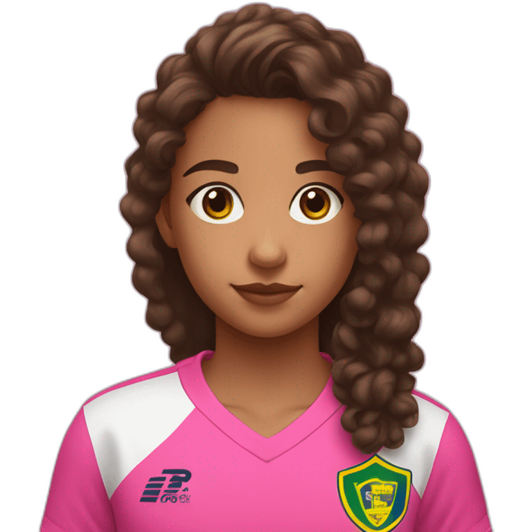 A 12 years old girl with long curly brown hair and a little nose and brown eyes with Pink mouton with à Black watch wearing Brazil shirt emoji