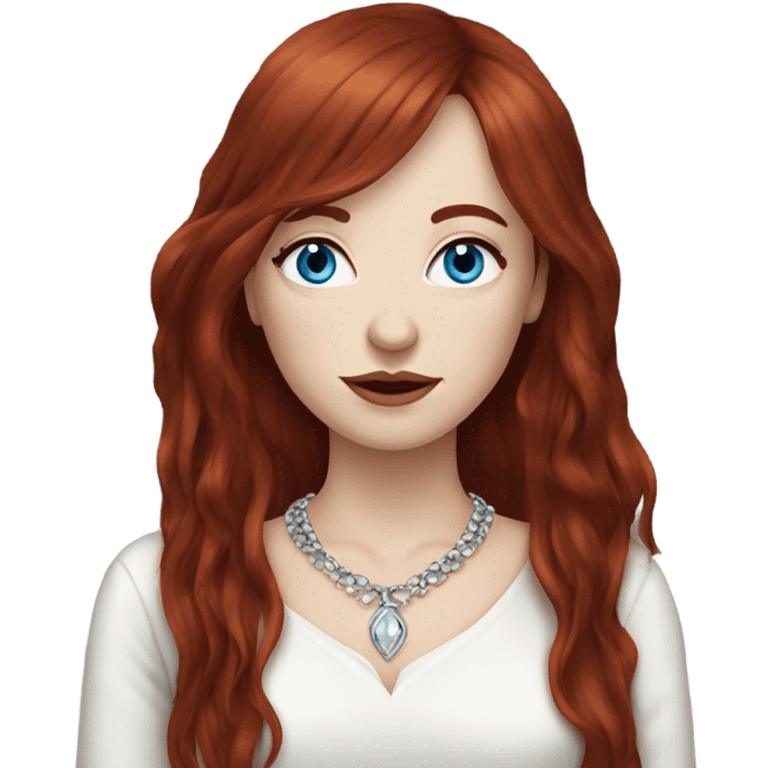 woman with pale skin, blue eyes and long dark red hair with layers and fringe bangs, wearing a white top and silver jewellery emoji