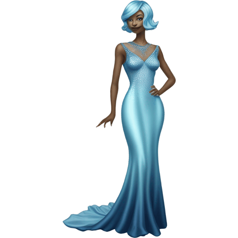 reptilian alien woman, in long slim pastel blue formal party satin dress with gradient shiny sparkling navy blue diamonds embroidered, full body full figure emoji