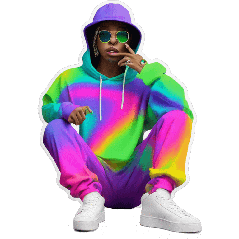 Multicoloured neon person smoking wearing hoodie dancing hip hop bucket hat tropical Skater fashion aesthetic baggy clothes graphic t shirt 420 emoji