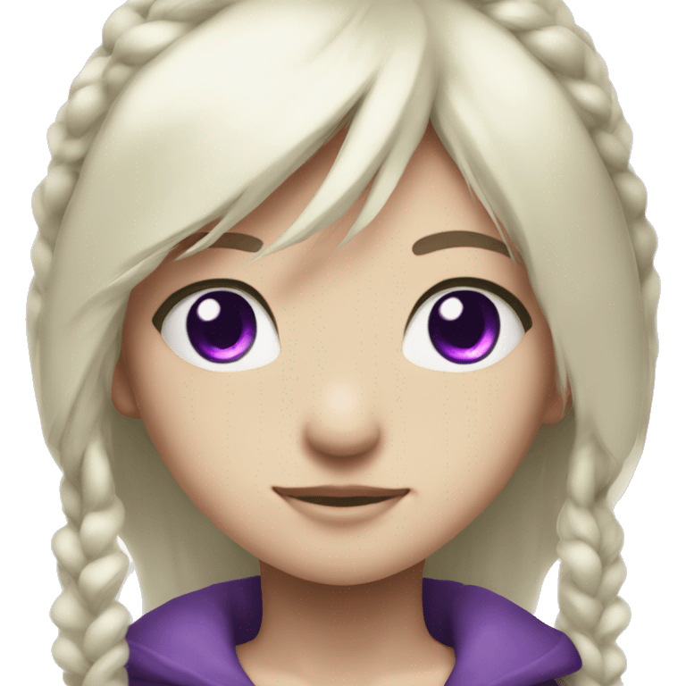 A anime girl has white pony tail hair, has purple eyes emoji