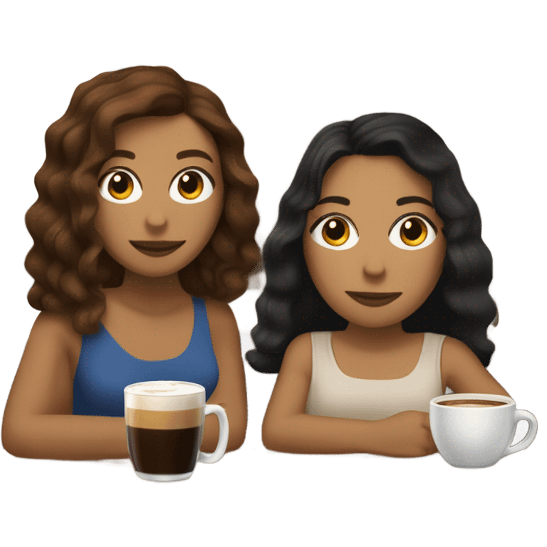 puerto rican woman light skin with shoulder-length, wavy, brown hair drinking latte with Roman woman with black, straight hair drinking espresso at table emoji