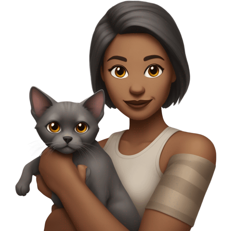 Woman in the right arm is holding a sphinx grey cat and in the left arm holding a Pomeranian dog emoji