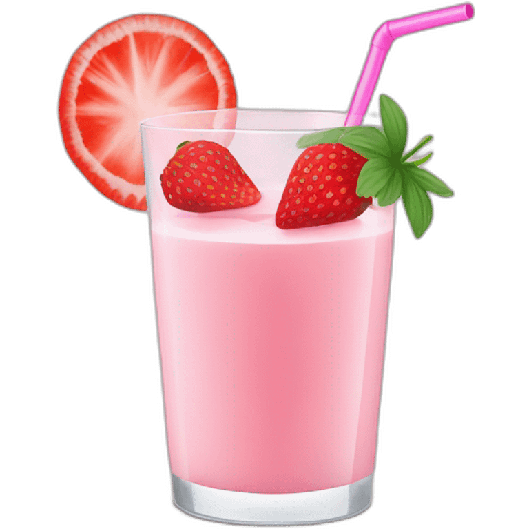 a glass of strawberry milk with a striped straw and a cocktail umbrella emoji