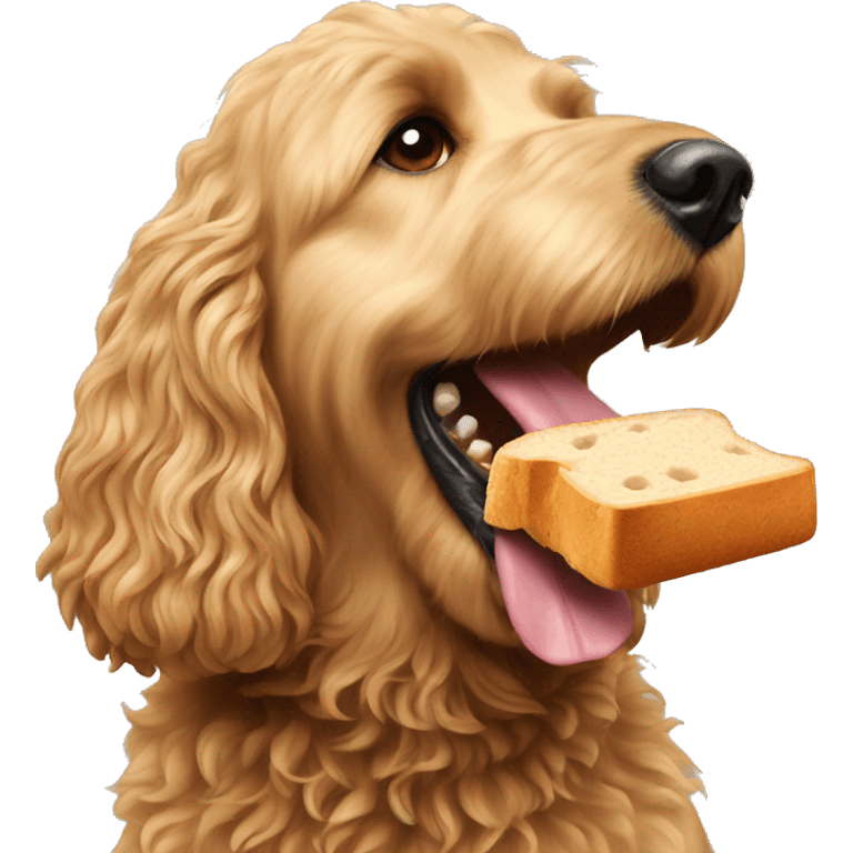 Golden doodle eating bread in the mouth emoji