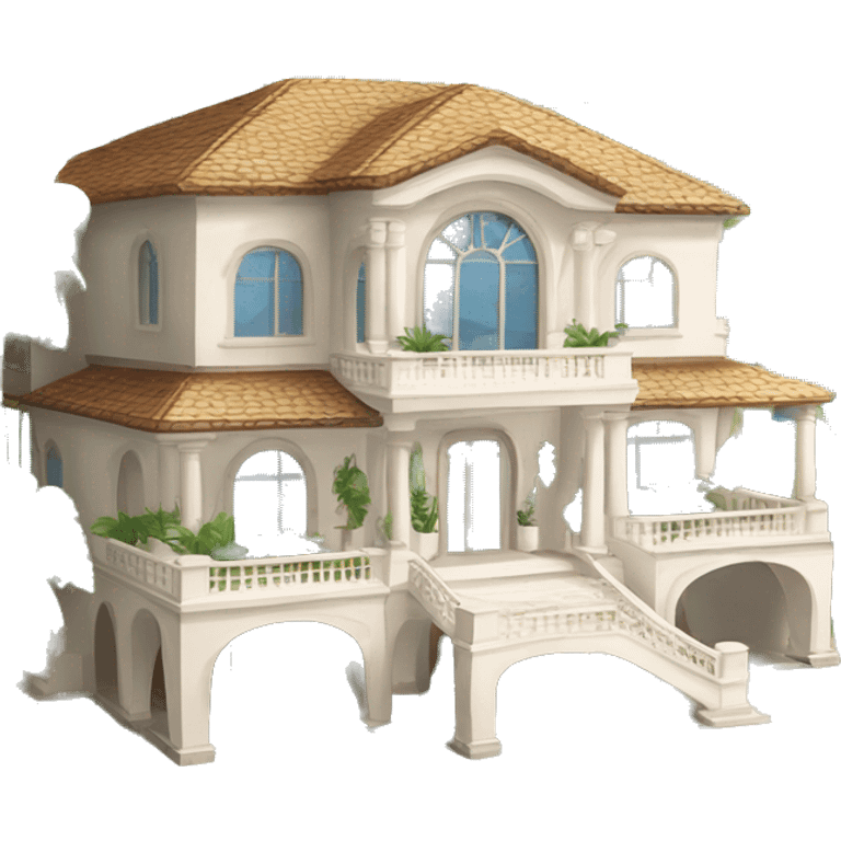 A luxurious beach mansion. Surrounded by palm trees. Located on a pristine white sand beach. The mansion should look grand and opulent, with large windows and possibly a balcony or terrace. emoji