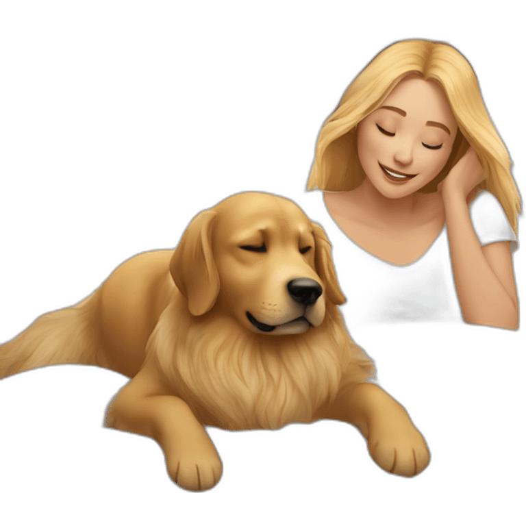 Woman in white bed cuddling one golden retriever emoji