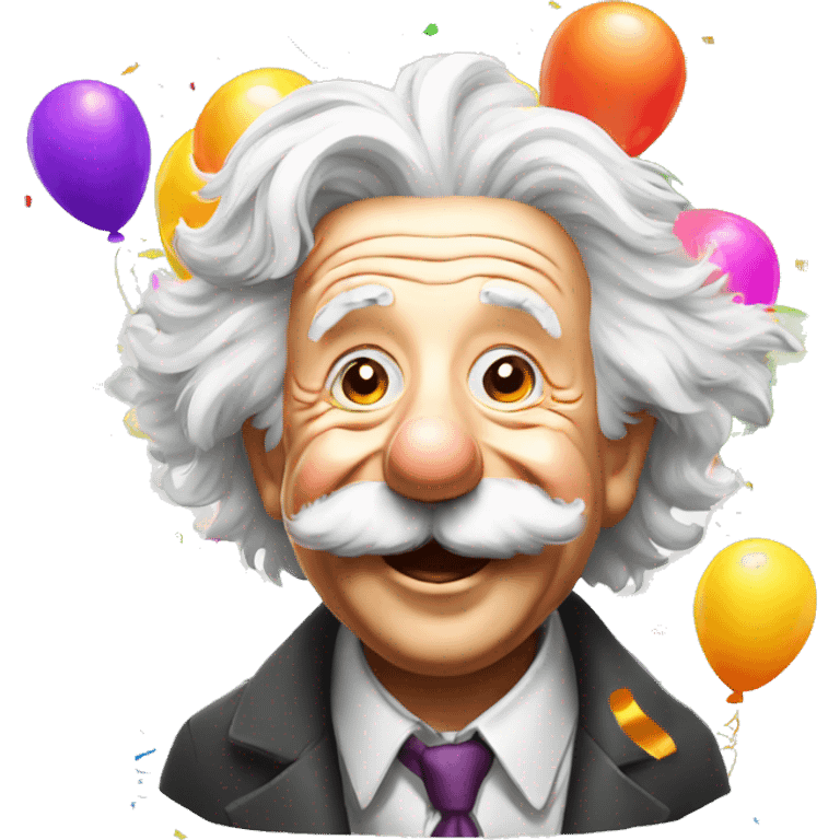 happy albert einstein with colourful confetti and party balloons emoji