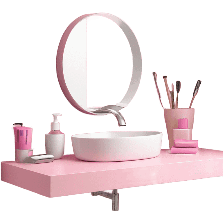 Pink bathroom counter with mirror and accessories  emoji