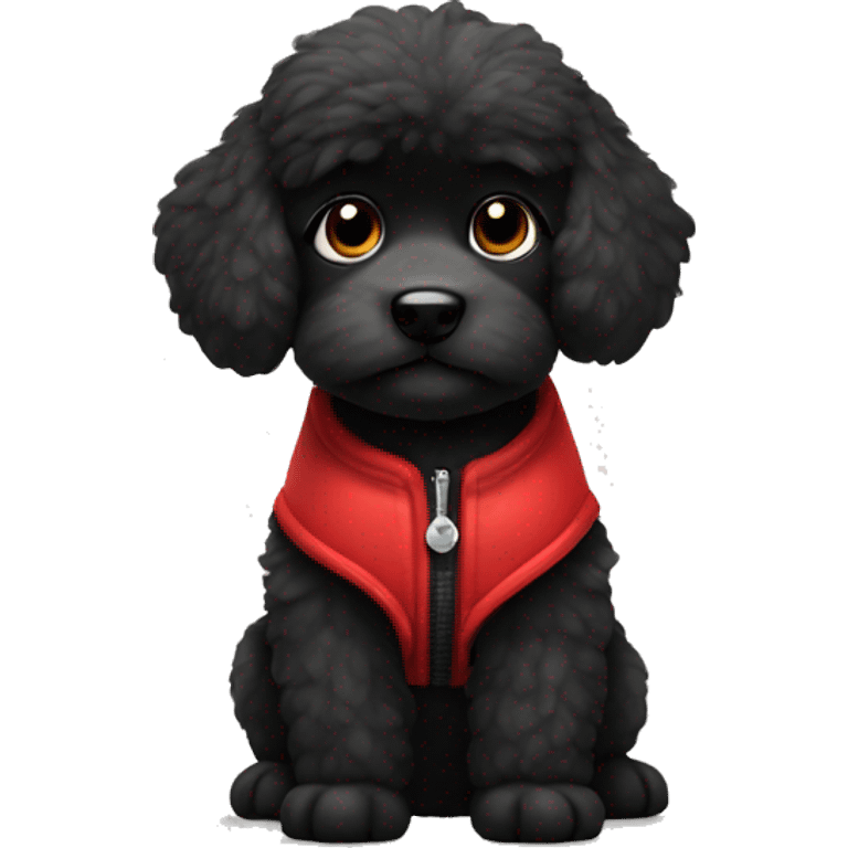 small completely black fluffy puppy wearing red vest emoji