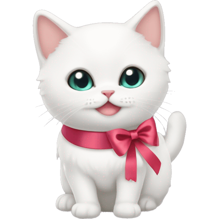 cute white munchkin cat with a ribbon collar and a ribbon clip emoji