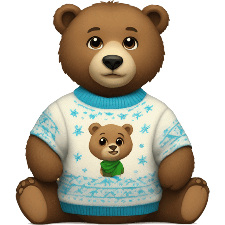 The bear cub is wearing a New Year's sweater with the word Grigor written on it emoji