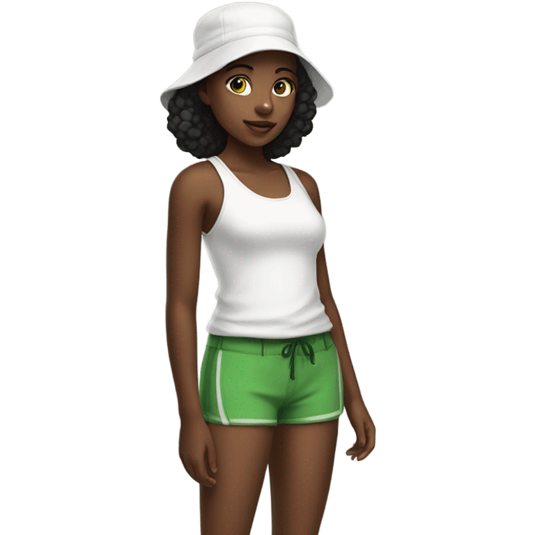 Black girl in white tank top, green shorts and black bonnet emoji