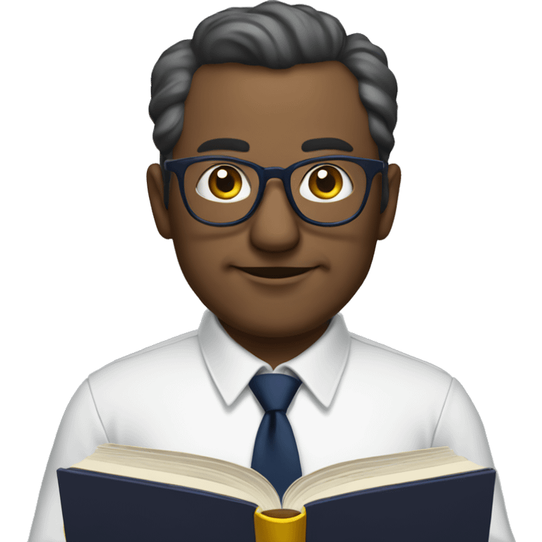 A mid aged man with specs white shirt and  navy blue tie reading a  book in hand emoji