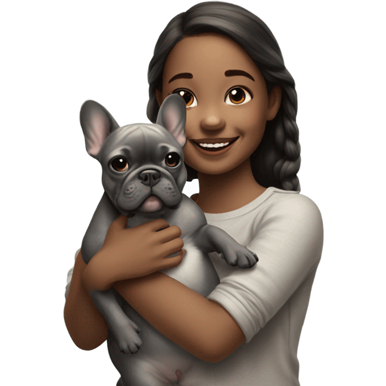 realistic portrait of girl with gray french bulldog  emoji