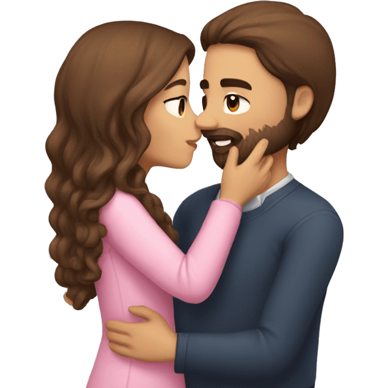 Guy with brown hair and a beard kissing a girl with long brown hair with pink flowers emoji