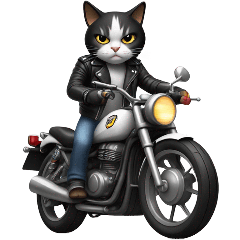 Angry, black and white cat wearing a leather jacket on a motorcycle emoji