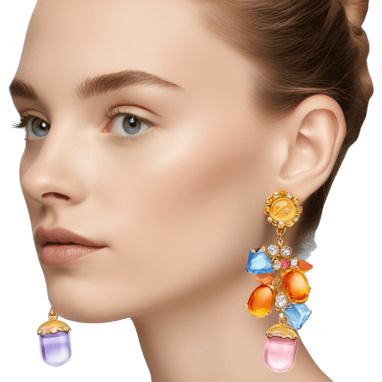 Dolce and Gabbana earrings with white and colourful lavender light blue orange pink and golden detais emoji