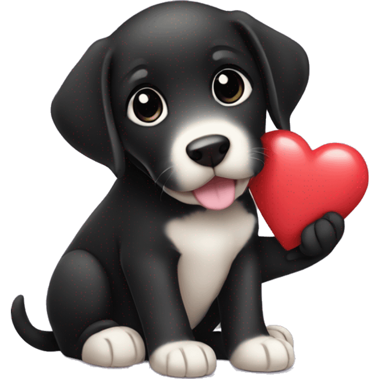 sitting black labrador puppy is holding a heart emoji