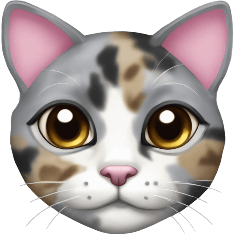 Grey dilute tortious calico (with a little bit of tan between the eyes in a diamond shape) cat with a pink bow emoji