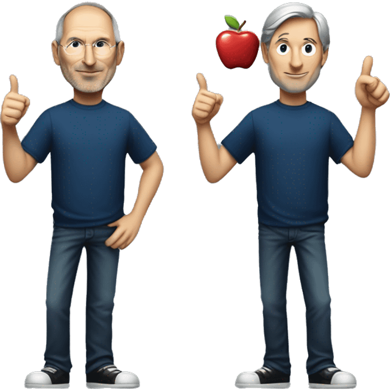 Steve Jobs, wearing a dark blue t-shirt, with his hand raised giving a thumbs up, Steve Jobs with rich details, identical, on the dark blue t-shirt an apple symbol, great quality, emoji grabbing from the torso up emoji