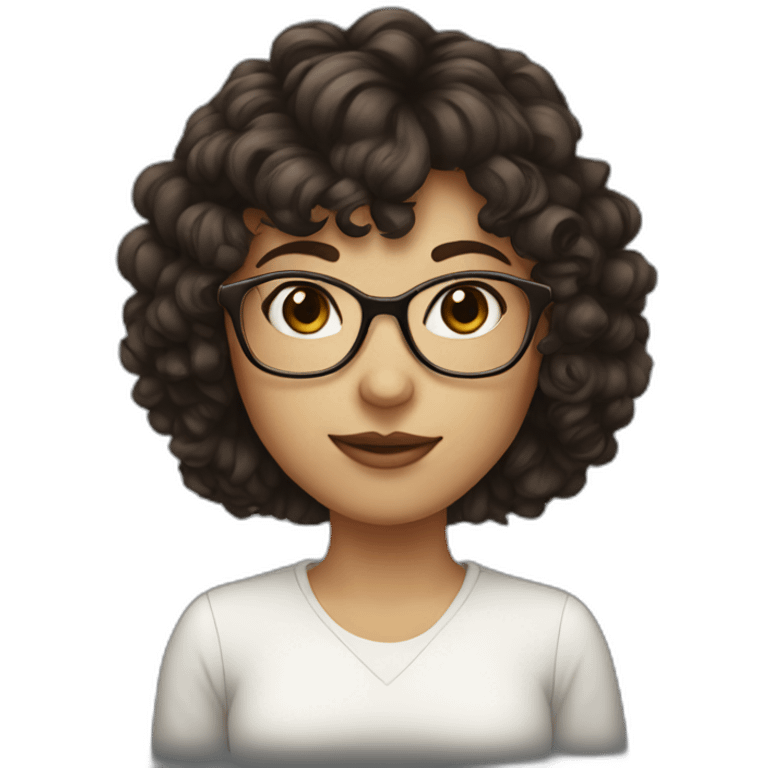 girl with short curly dark brown hair and bangs and she has thin glasses emoji