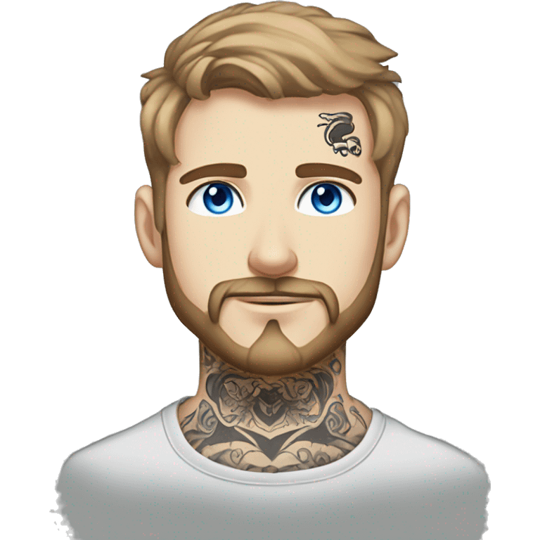 Man with Light brown hair, neck tattoos, arm tattoos, mustache and beard, blue eyes, silver nose piercing hoop, black anime graphic tee emoji