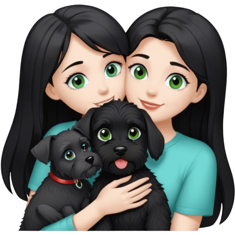 pale girl  with light green blue eyes and long black hair wearing black shirt kissing female schnauzer holding smiling black schnauzer  emoji