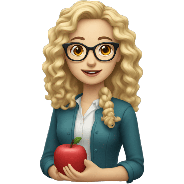 Woman teacher blonde long curly hair glasses brown eyes holding a tiny bridge toy emoji