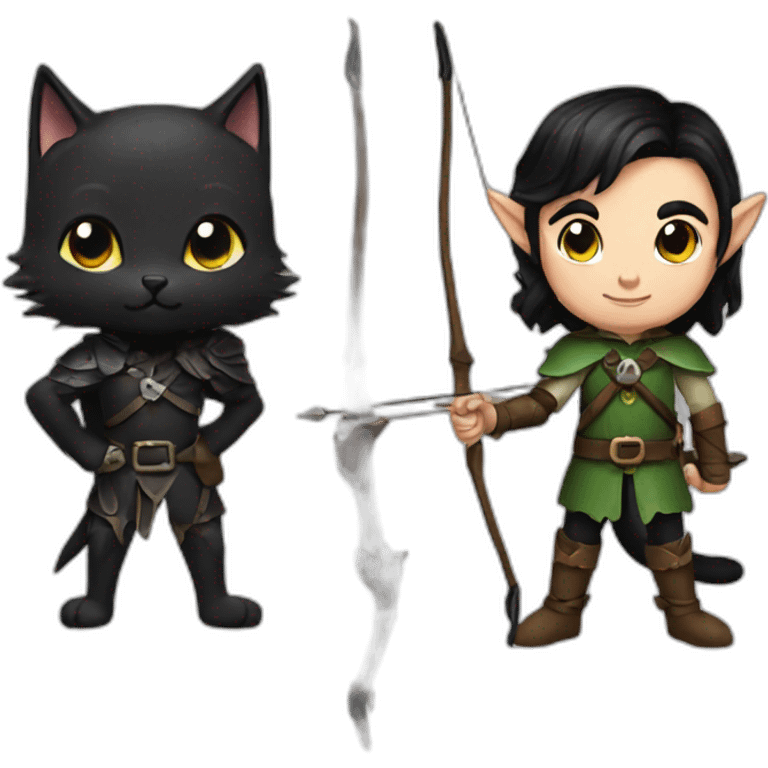 an elf with dark hair, a black cat and shortbow emoji