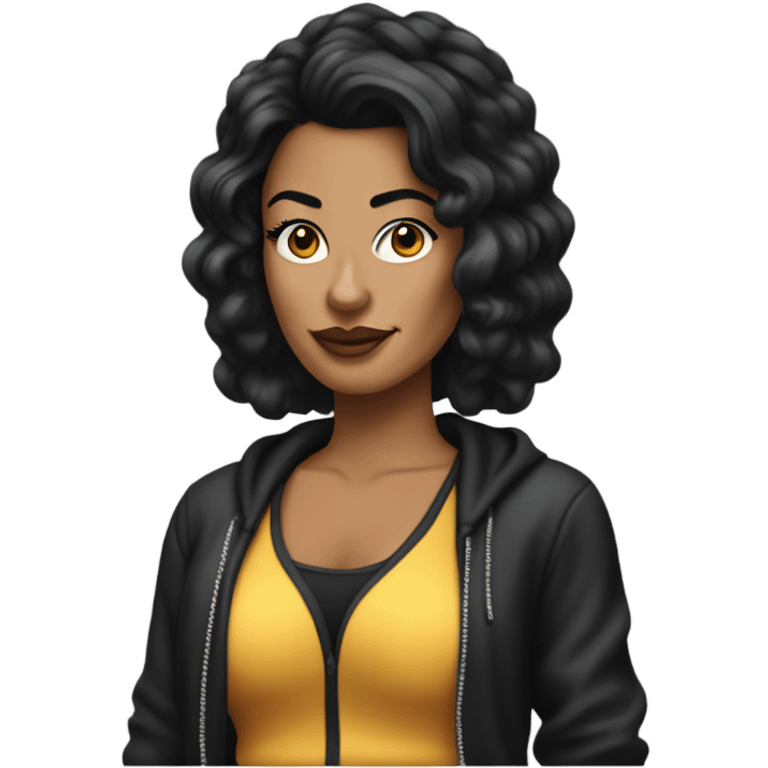 Tanned woman with black hair dressed in 1990s hip hop hair, makeup, and attire  emoji