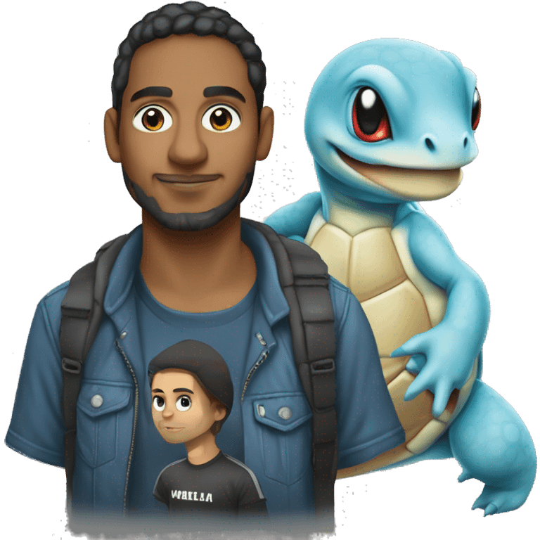 colombian software engineer with a squirtle and a mac. wearing a metallica t-shirt emoji