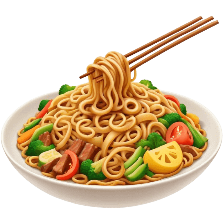 Cinematic Realistic Mie Goreng Dish Emoji, featuring stir‚Äêfried noodles with vegetables and meat rendered with dynamic textures and warm, appetizing lighting. emoji