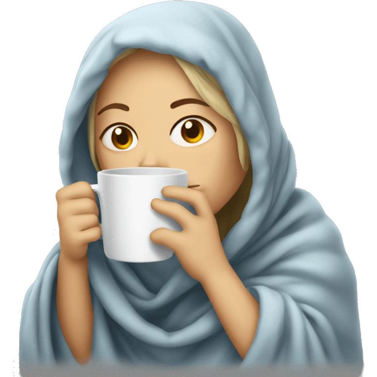 sick white woman in a blanket drinking from a hot cup emoji