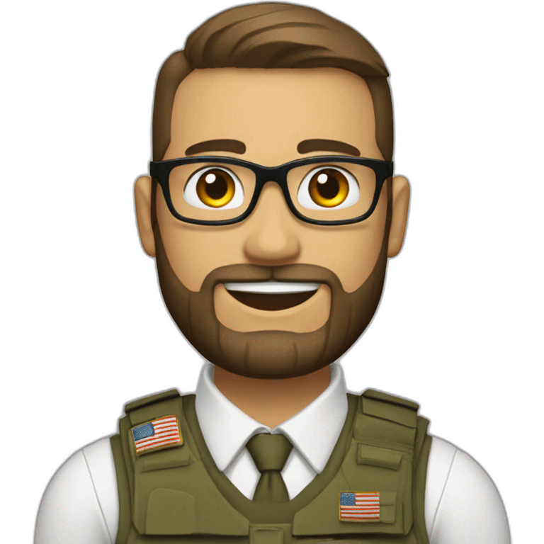 soldier with a beard, a part in hair, wearing glasses, a white collared shirt, a bow tie, bulletproof vest with an american flag emoji