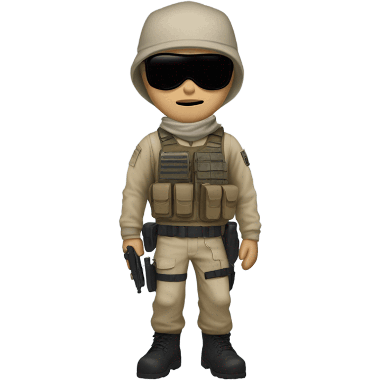 White male, call of duty mask, tan tactical gear, tan pants, combat boots, black beanie, blue eyes emoji