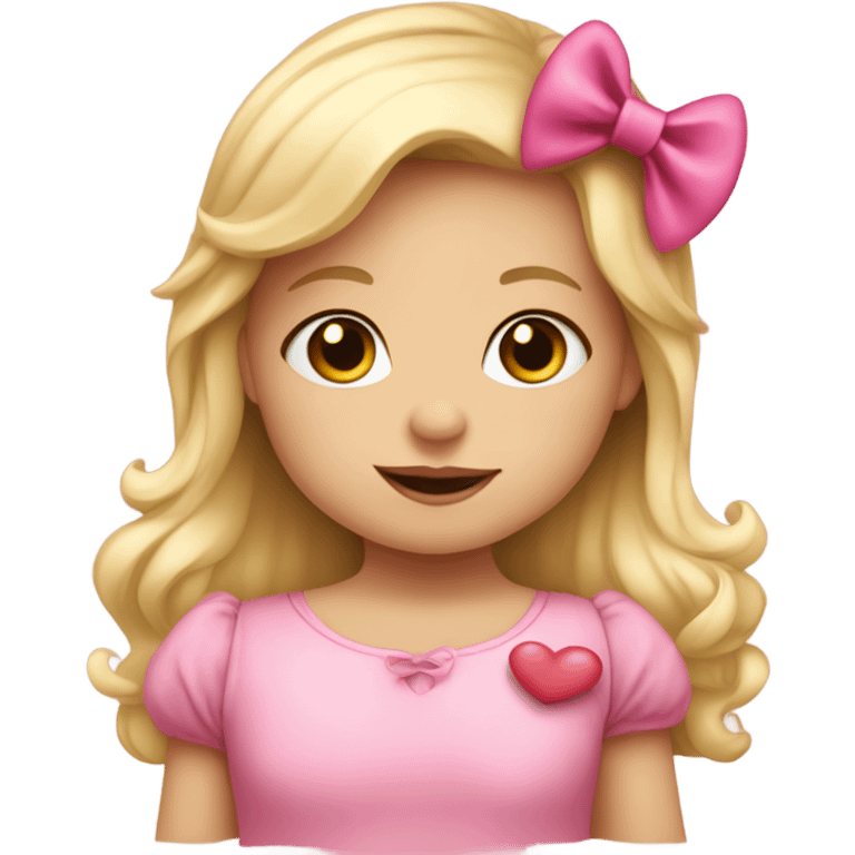 Blonde toddler girl with pink bow holding a heart emoji