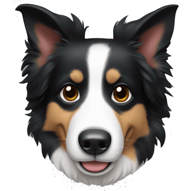 A border collie with folded ears, completely black hair, and very short hair sticking out her tongue emoji