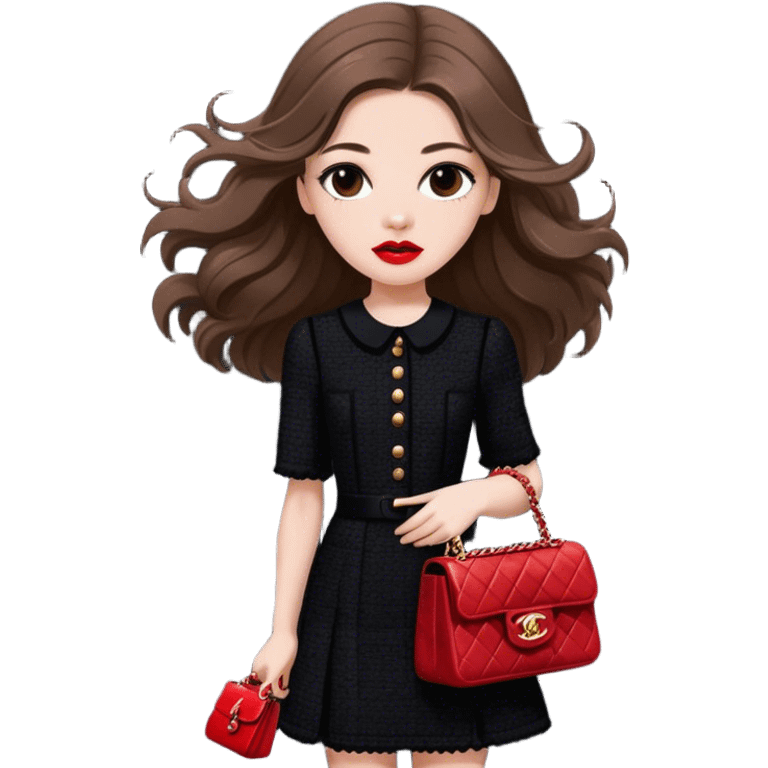 White girl with brown long hair dressed up in black chanel tweed dress with a red chanel bag and red lipstick. Close up with wind blowing her hair looking fancy emoji