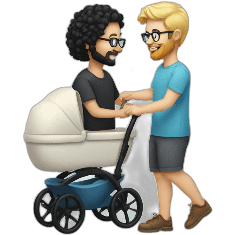 White man with Black hair,  beard and glasses pushing buggy with blonde baby emoji