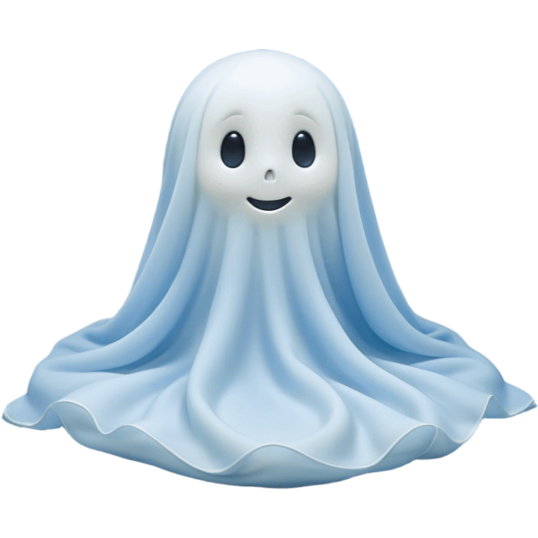 An adorable, peacefully floating sheet-like ghost in gentle pastel whites and blues, its soft, rounded form loosely draped, head resting with closed, serene sparkling eyes and a tiny, contented smile, simplified yet irresistibly charming, highly detailed, with a soft glowing outline that captures the essence of a sleepy, endearing spirit wrapped in cozy slumber! emoji