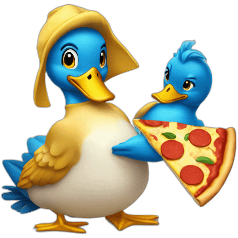 mignon canard bleu et jaune qui mange une pizza emoji