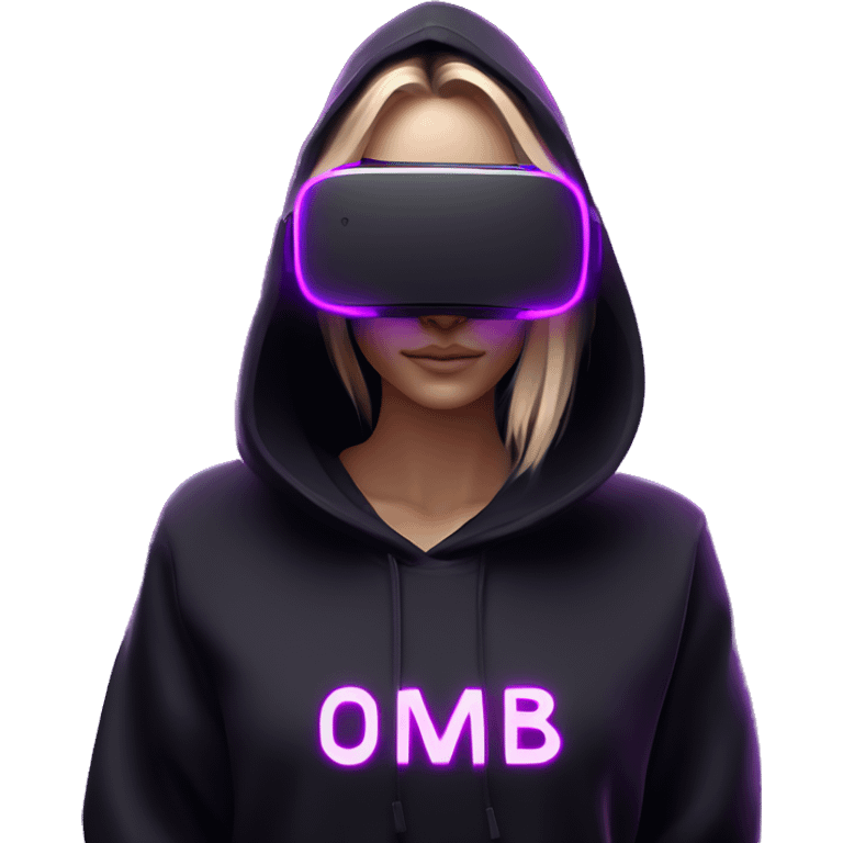 Russian girl wearing black hoody with violet letters "OMG", in vr headset oculus quest2. Standing like jedi. Cyberpunk style. Violet neon. emoji